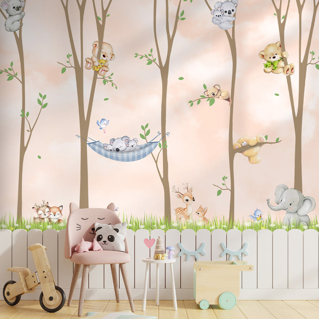 Premium kids wallpaper with woodland animal illustrations