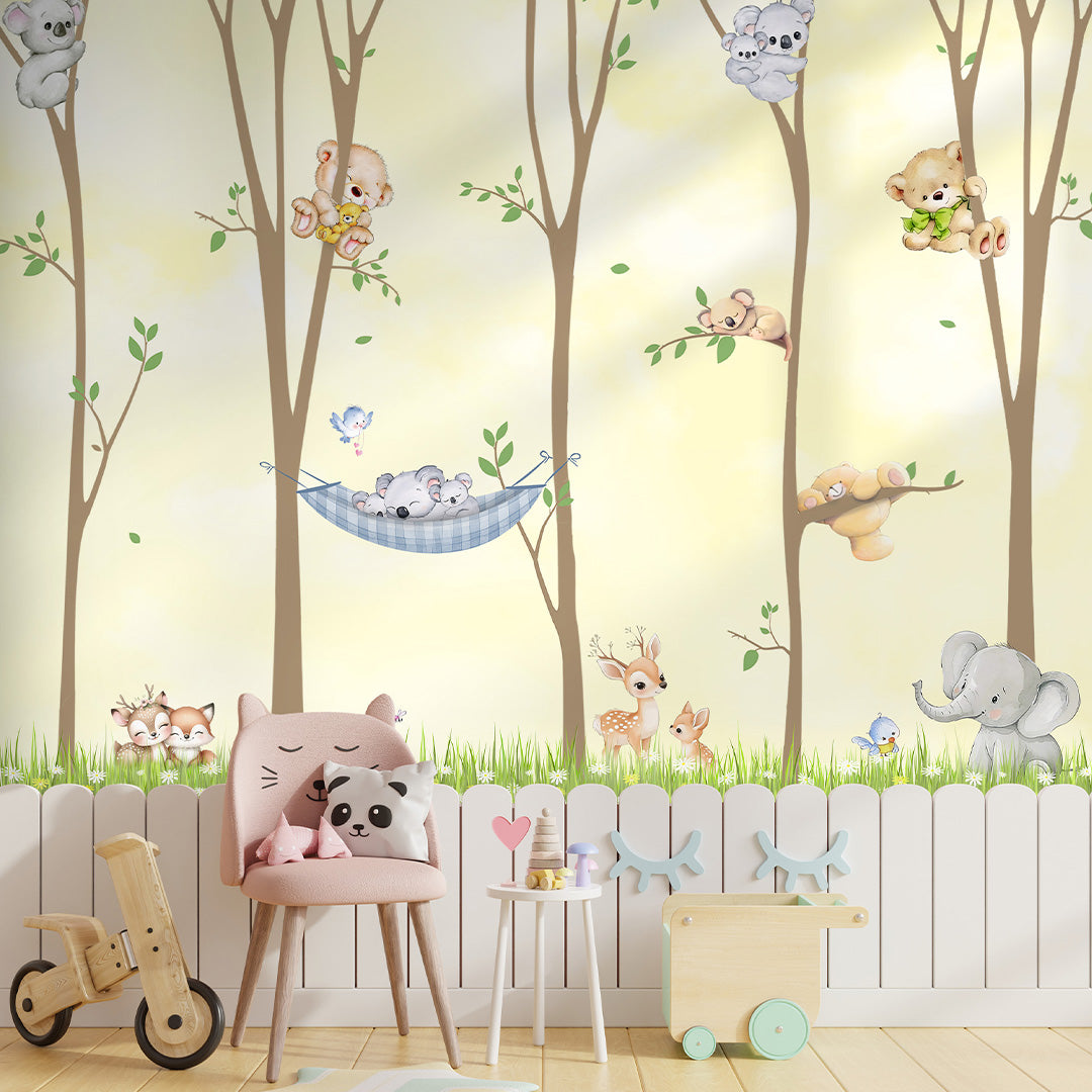 Gender neutral woodland wallpaper for nursery interiors