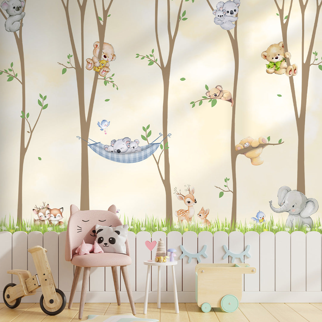 Kids room wallpaper with woodland animals and nature inspired artwork
