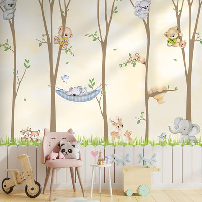 Kids room wallpaper with woodland animals and nature inspired artwork