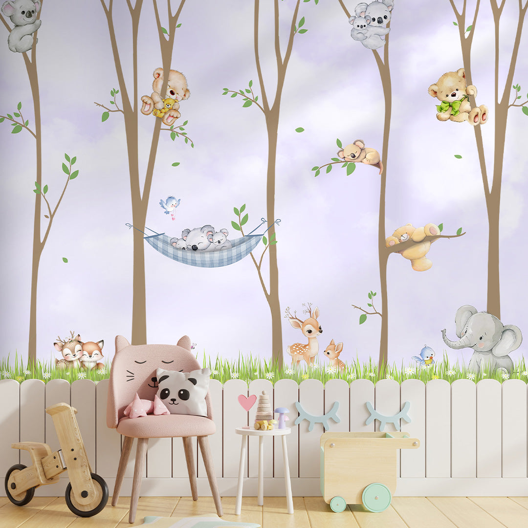 Forest animal wallpaper installed in a kids room featuring woodland animals and trees