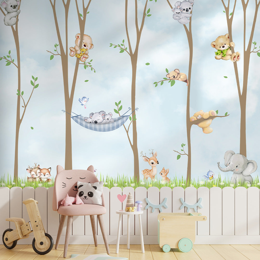 Nursery wallpaper featuring forest animals and illustrated trees