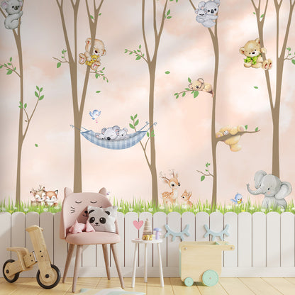 Premium kids wallpaper with woodland animal illustrations