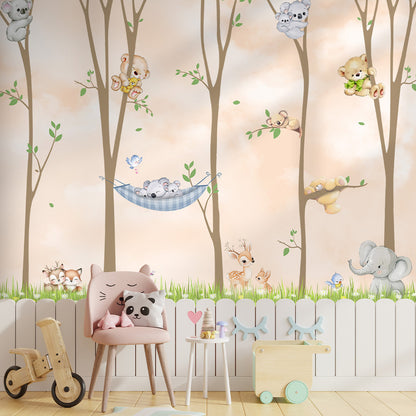Scandinavian style forest animal wallpaper for kids rooms