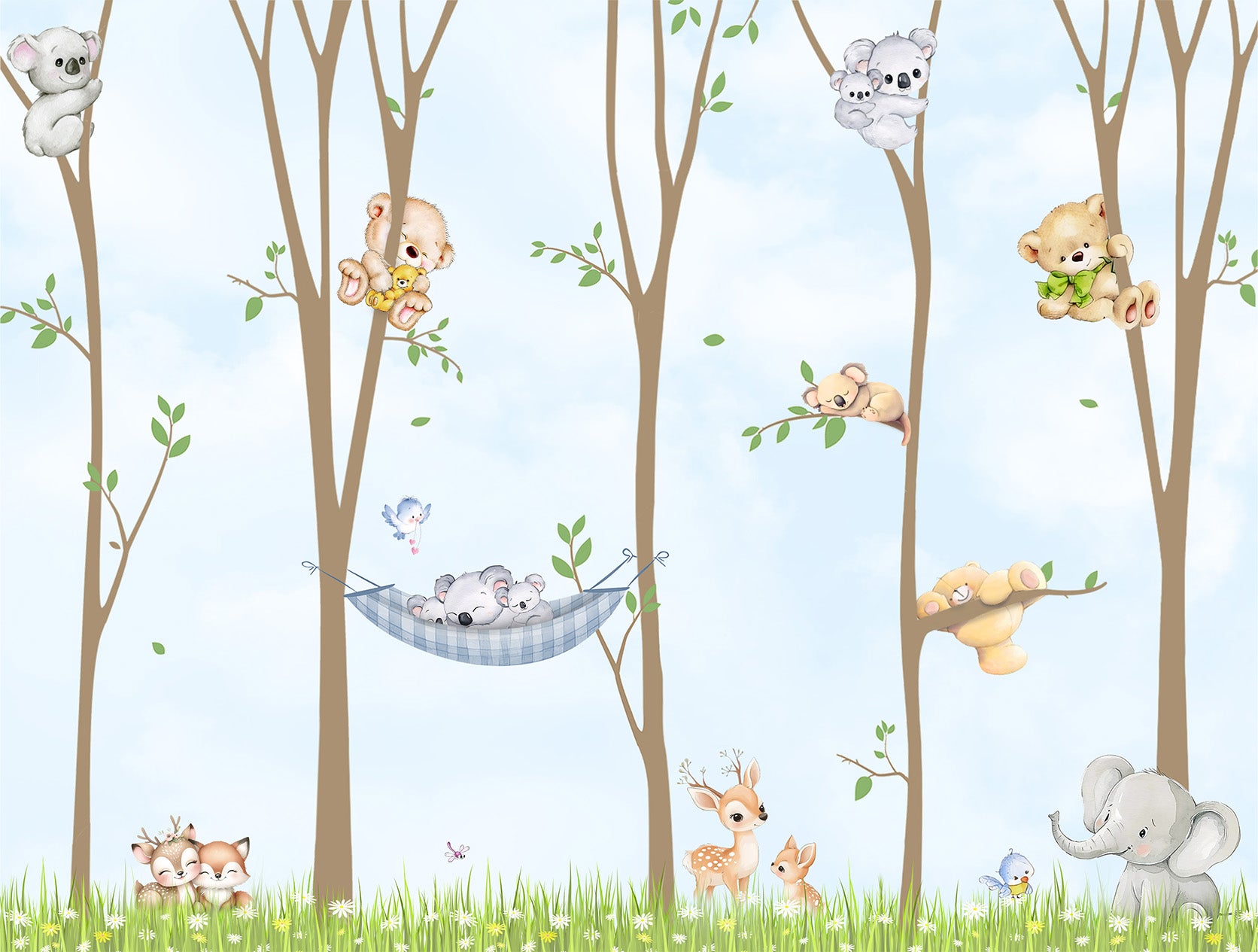 Forest animal wallpaper pattern with woodland animals and trees