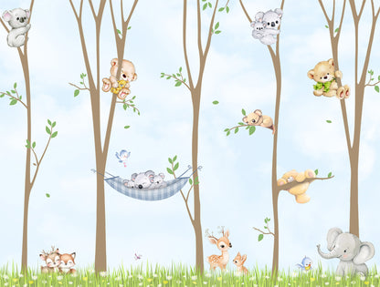 Forest animal wallpaper pattern with woodland animals and trees