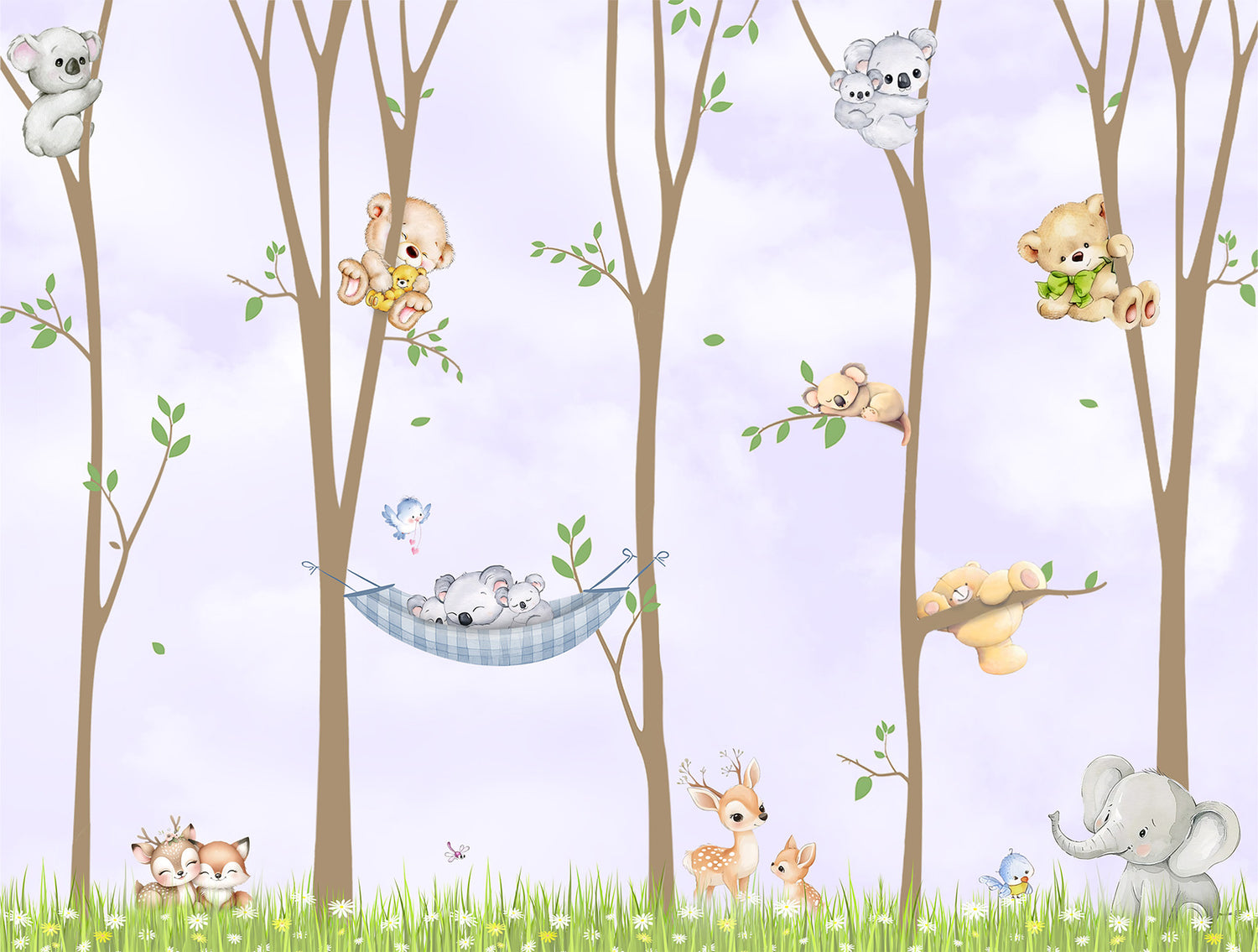 Forest wall mural pattern featuring illustrated woodland animals