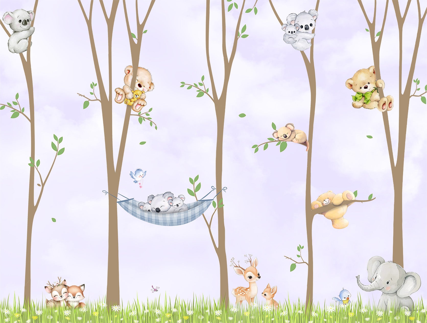Forest wall mural pattern featuring illustrated woodland animals
