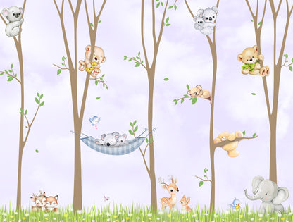 Forest wall mural pattern featuring illustrated woodland animals