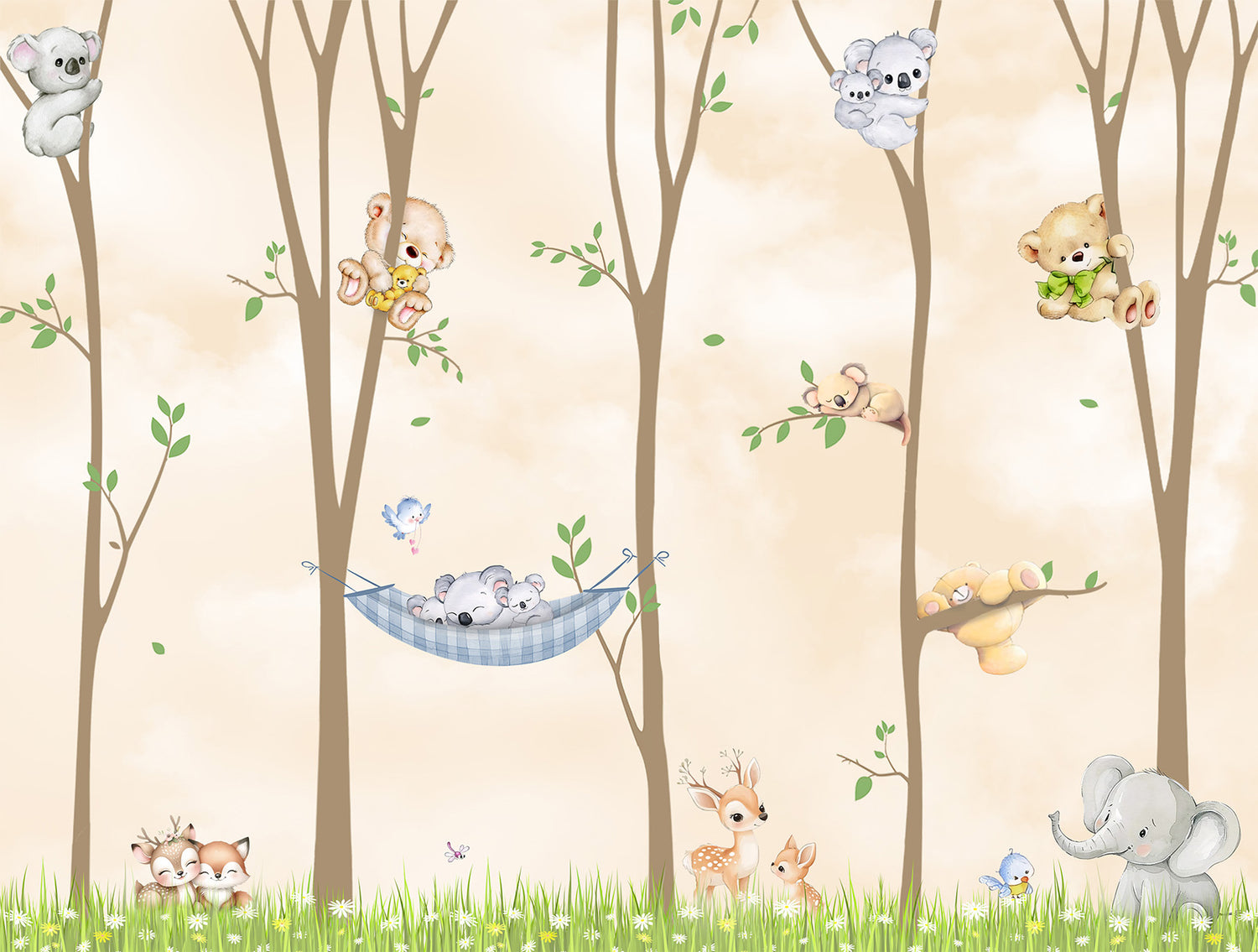 Nursery wallpaper pattern with forest animals and trees