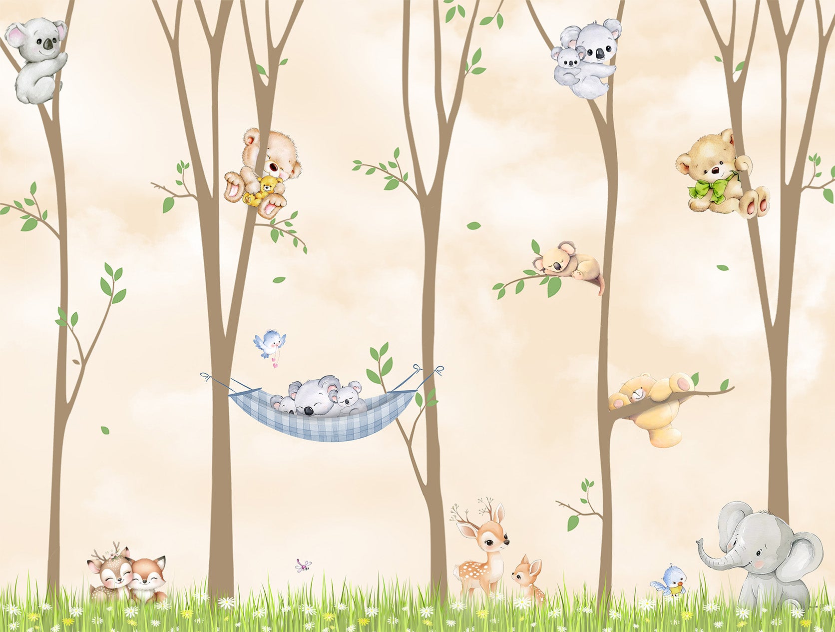 Nursery wallpaper pattern with forest animals and trees