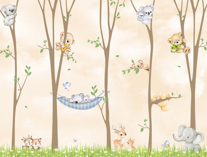 Nursery wallpaper pattern with forest animals and trees