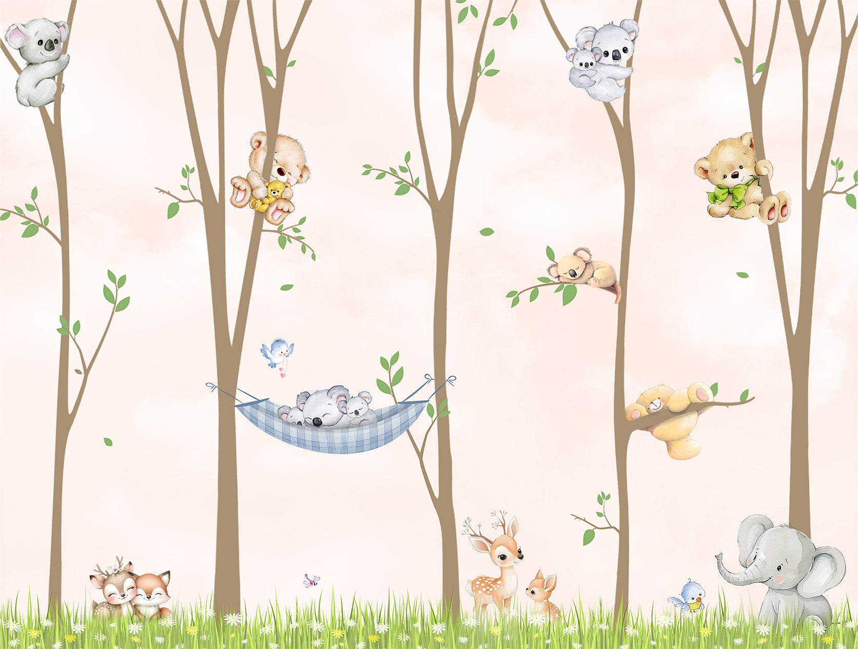 Scandinavian woodland wallpaper pattern for nursery decor