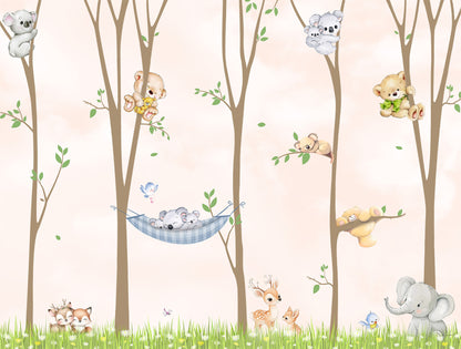 Scandinavian woodland wallpaper pattern for nursery decor