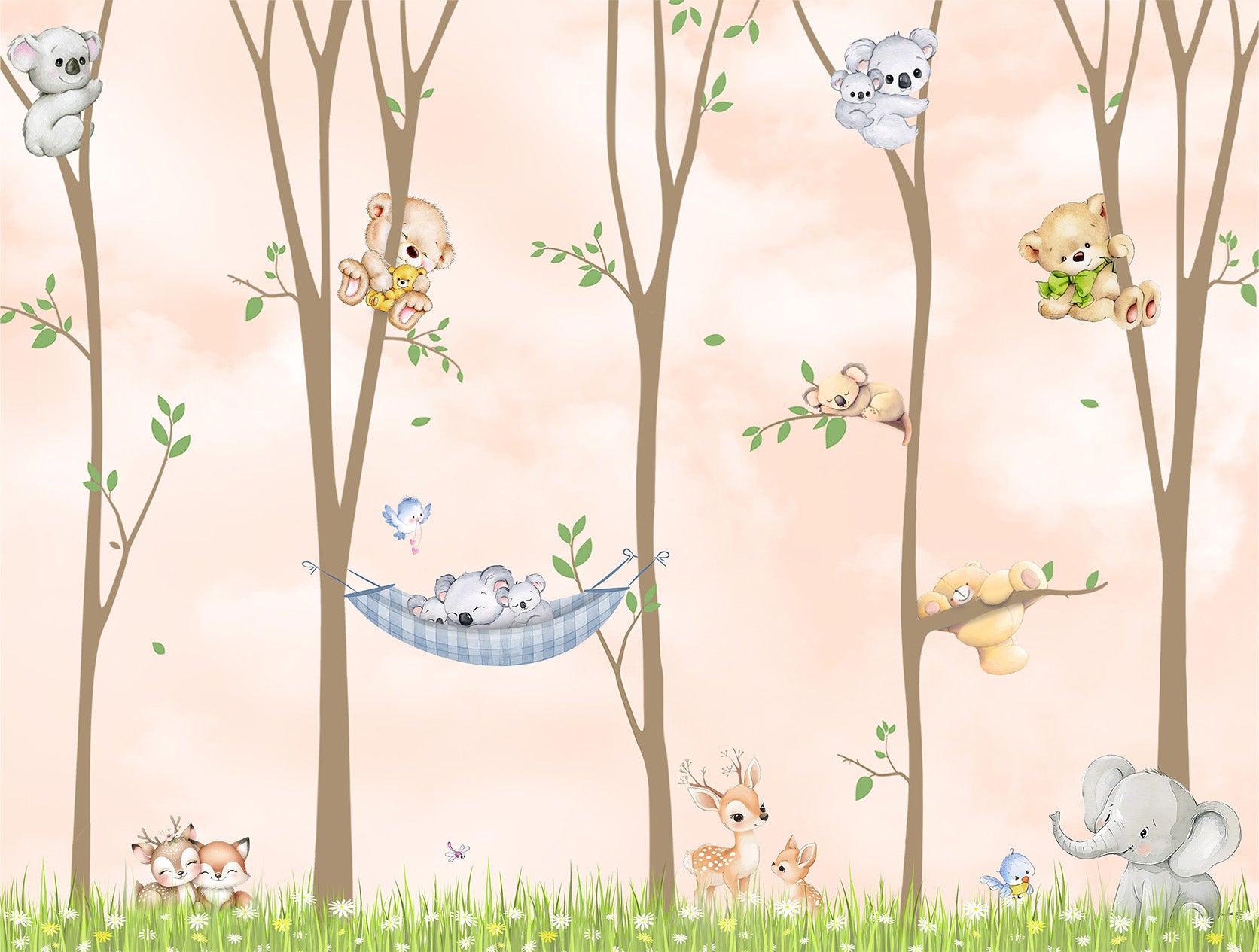 Woodland themed wallpaper pattern for kids room walls