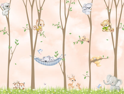 Woodland themed wallpaper pattern for kids room walls
