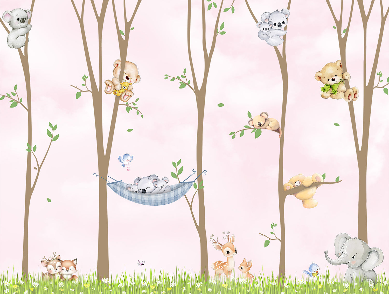 Custom kids room wallpaper pattern with woodland animals