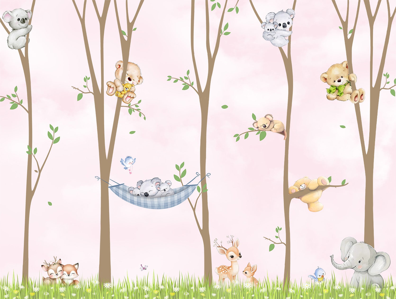 Custom kids room wallpaper pattern with woodland animals