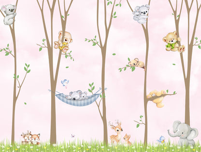 Custom kids room wallpaper pattern with woodland animals